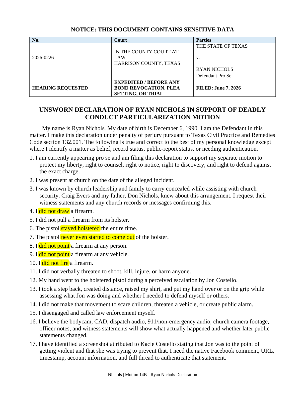 Declaration — page 1