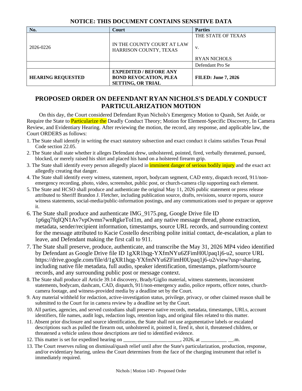 Proposed Order — page 1