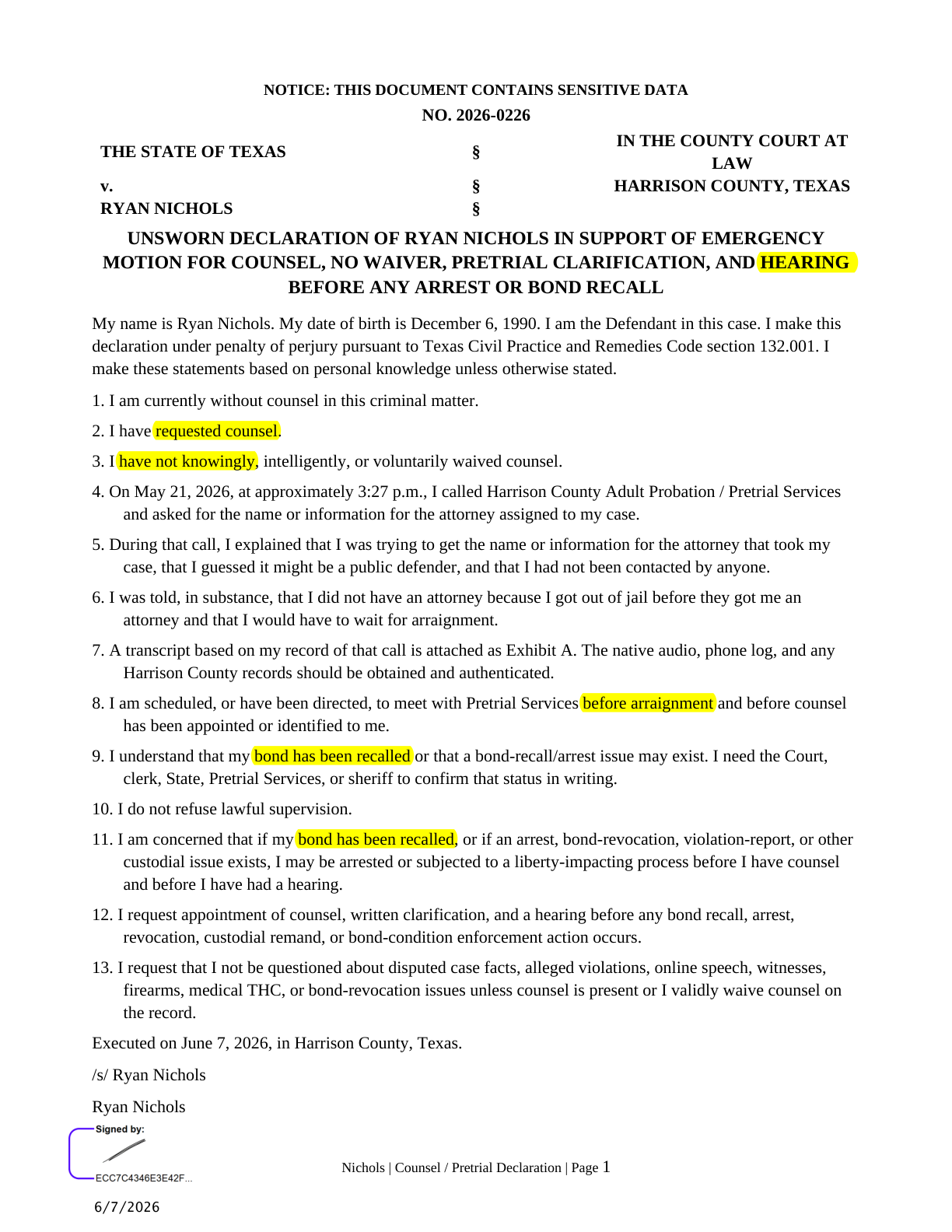 Declaration — page 1