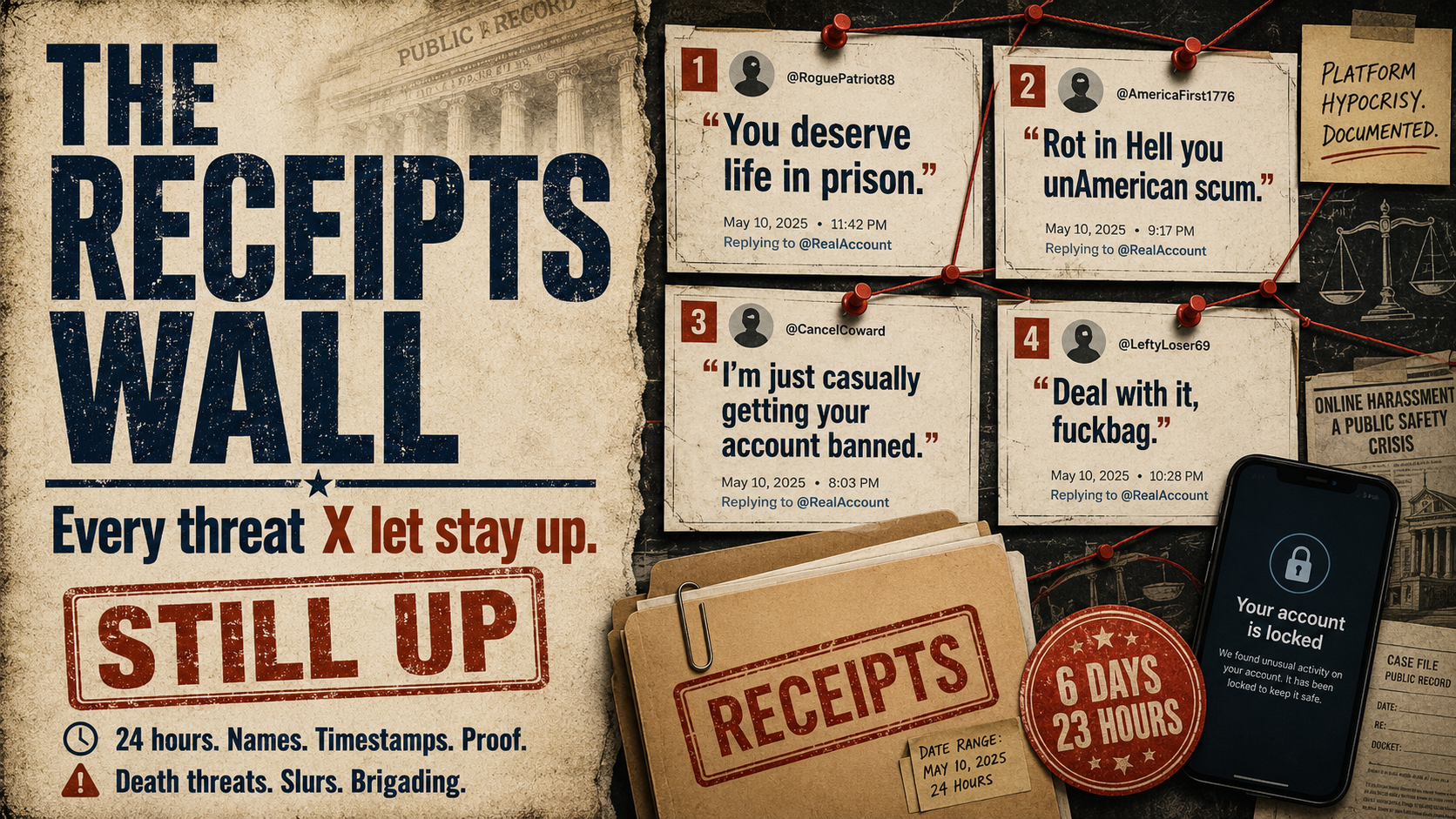 The Receipts Wall — every threat, slur, and "deserve life in prison" reply X let stay up against Ryan Nichols, a pardoned J6 citizen, in 24 hours. Names, timestamps, proof.