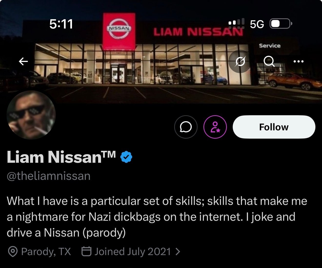 @theliamnissan profile: 460,200 followers, verified, parody bio.