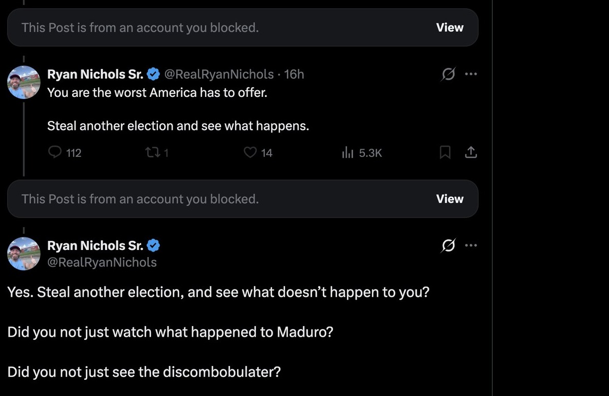 The bait/trap thread structure — Lori Nash blocked, 'Is that a threat?' bait, Ryan's sarcastic locked reply.