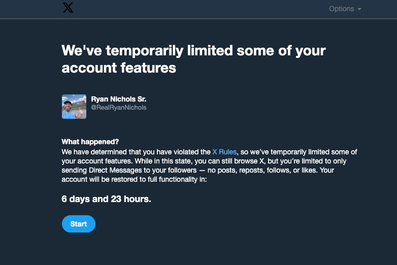 X account restriction notice: 6 days, 23 hours.